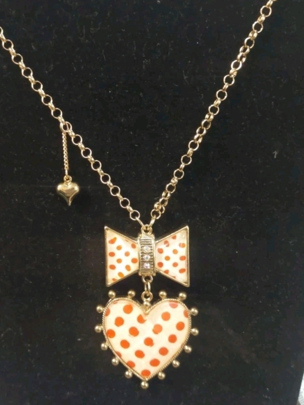 Betsey Johnson Vintage Ivy League Necklace with Red Polka Dot Heart & Bow
